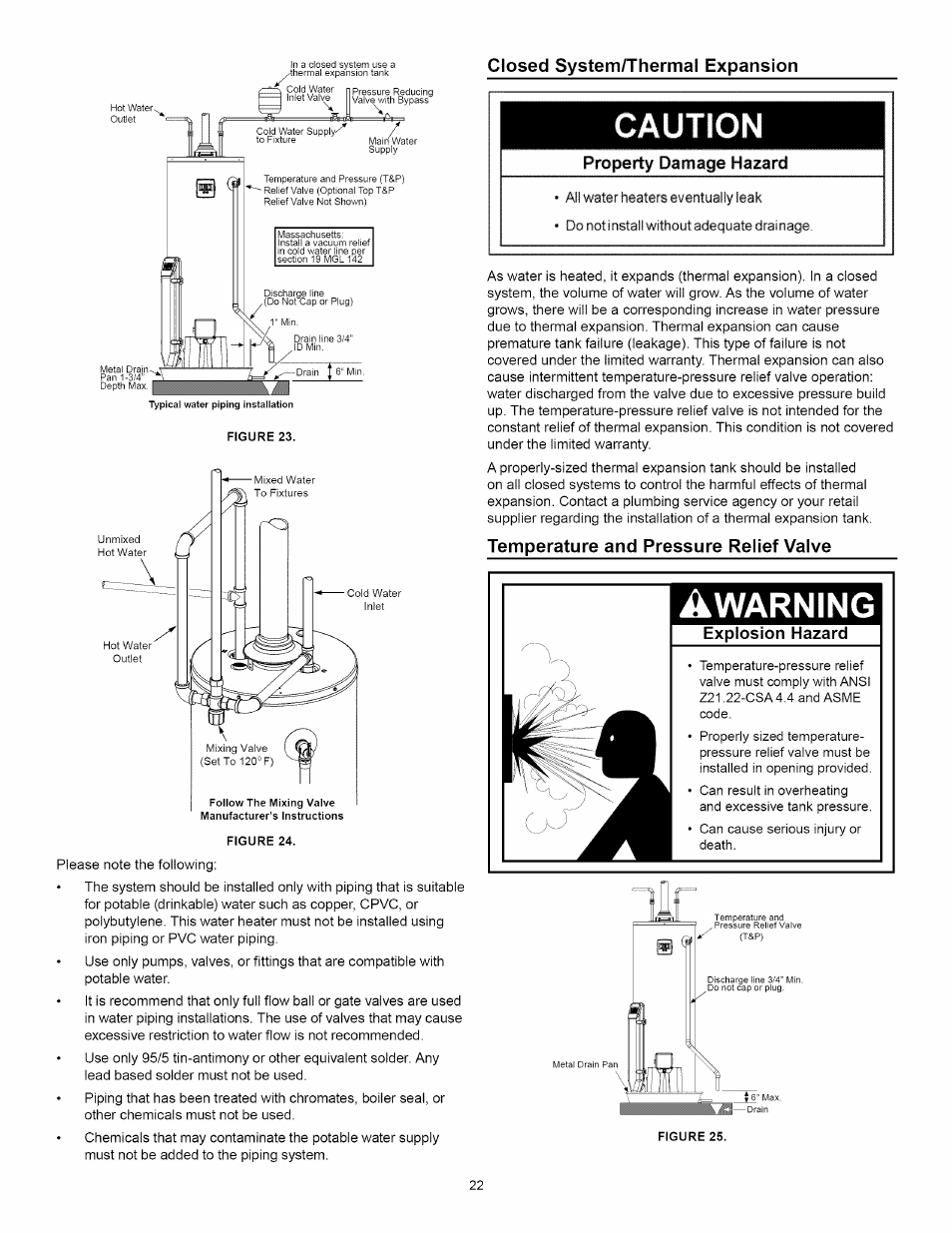 Closed system/thermal expansion, Property damage hazard, Temperature and pressure relief valve | Explosion hazard, Warning | Kenmore ELITE 153.33264 User Manual | Page 22 / 44
