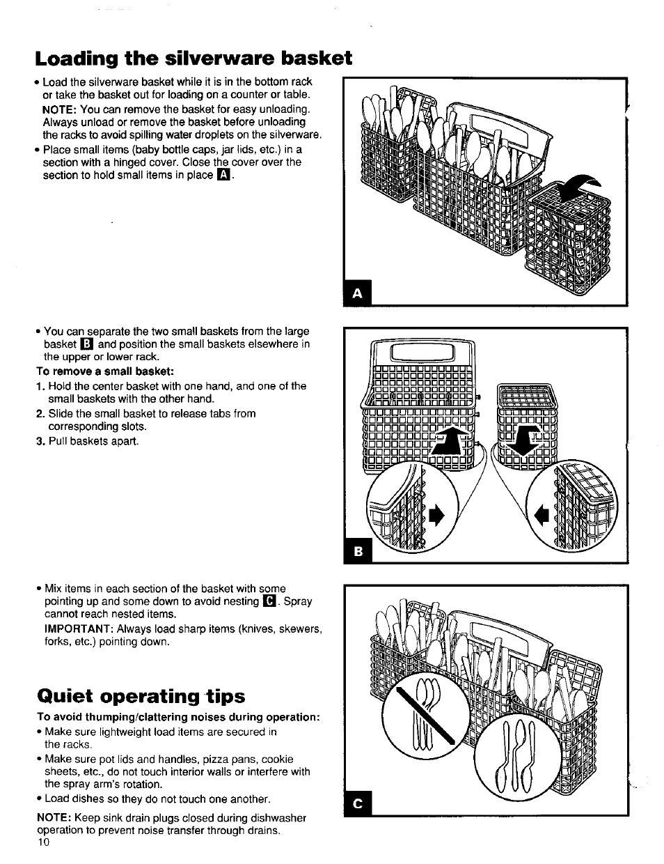 Quiet operating tips, Loading the silverware basket | Kenmore ULTRA WASH 15838 User Manual | Page 11 / 26