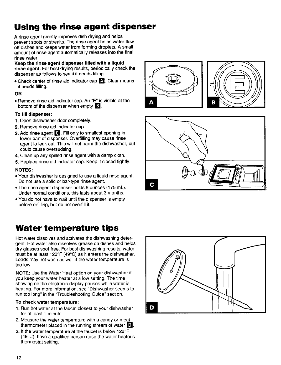 Notes, Using the rinse agent dispenser, Water temperature tips | Kenmore ULTRA WASH 15838 User Manual | Page 13 / 26