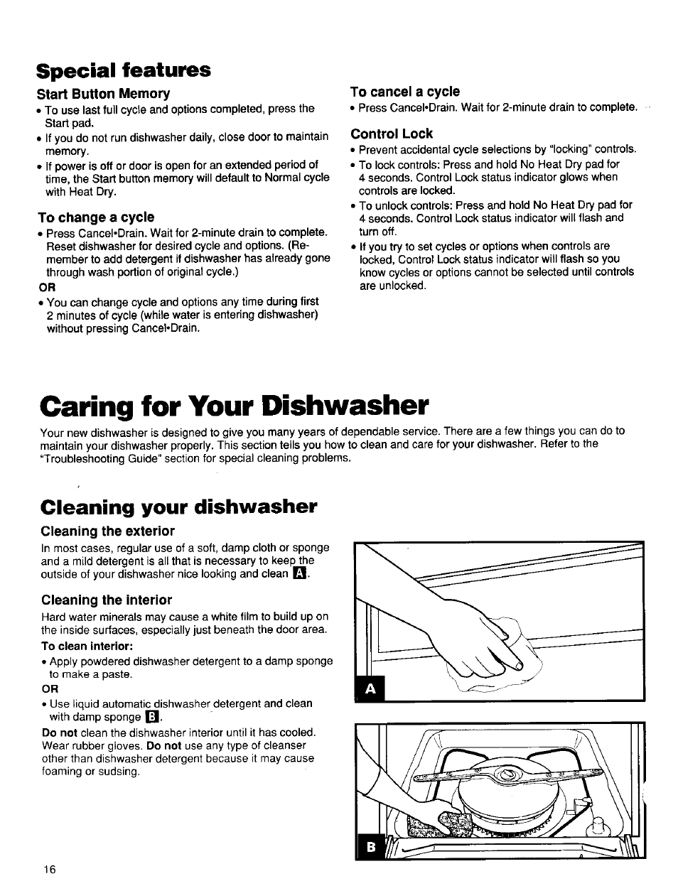 Caring for your dishwasher, Special features, Cleaning your dishwasher | Kenmore ULTRA WASH 15838 User Manual | Page 17 / 26