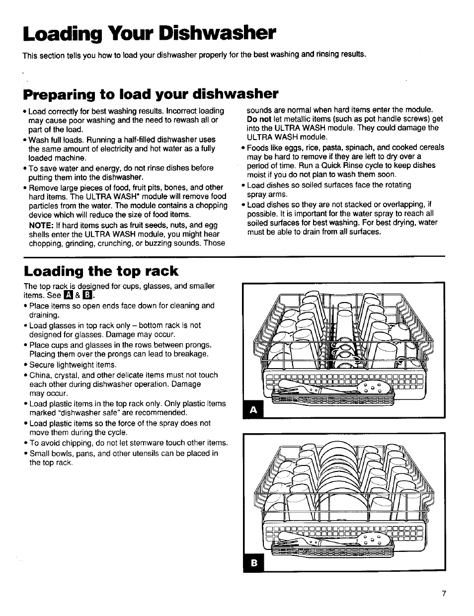 Loading your dishwasher, Preparing to load your dishwasher, Loading the top rack | Kenmore ULTRA WASH 15838 User Manual | Page 8 / 26