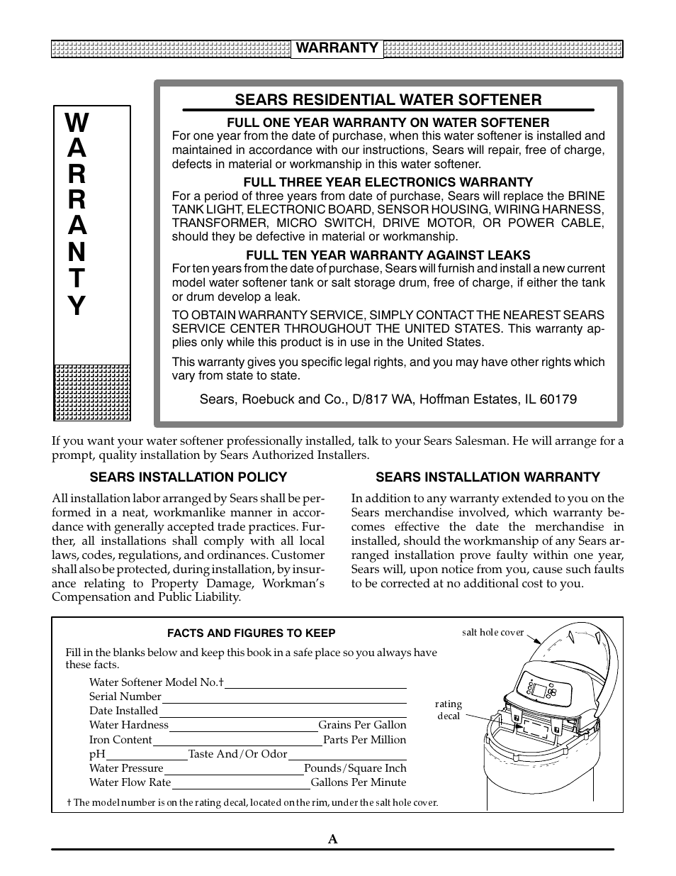 Sears residential water softener, Full one year warranty on water softener, Full three year electronics warranty | Full ten year warranty against leaks, Sears installation policy, Sears installation warranty, Warranty | Kenmore ULTRASOFT 400 625.3884 User Manual | Page 2 / 36