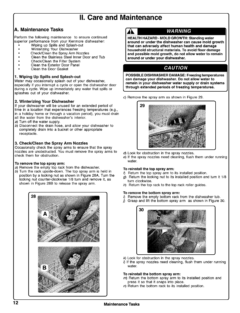 A. maintenance tasks, Wiping up spills and splash*out, Winterizing your dishwasher | Check/clean the spray arm nozzies, Ii. care and maintenance, 12 maintenance tasks | Kenmore 630.1730 User Manual | Page 13 / 34