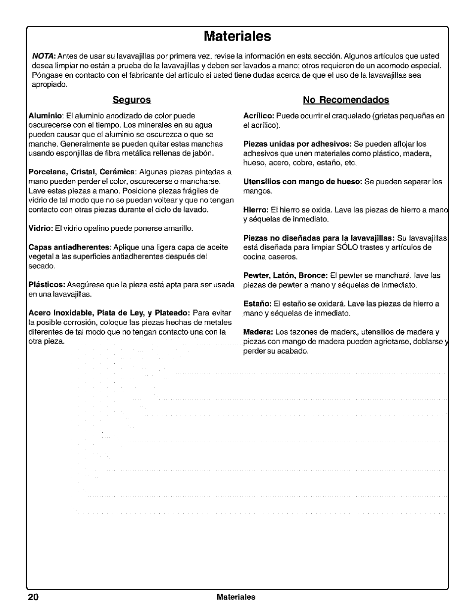 No recomendados, Materiales | Kenmore 630.1730 User Manual | Page 21 / 34