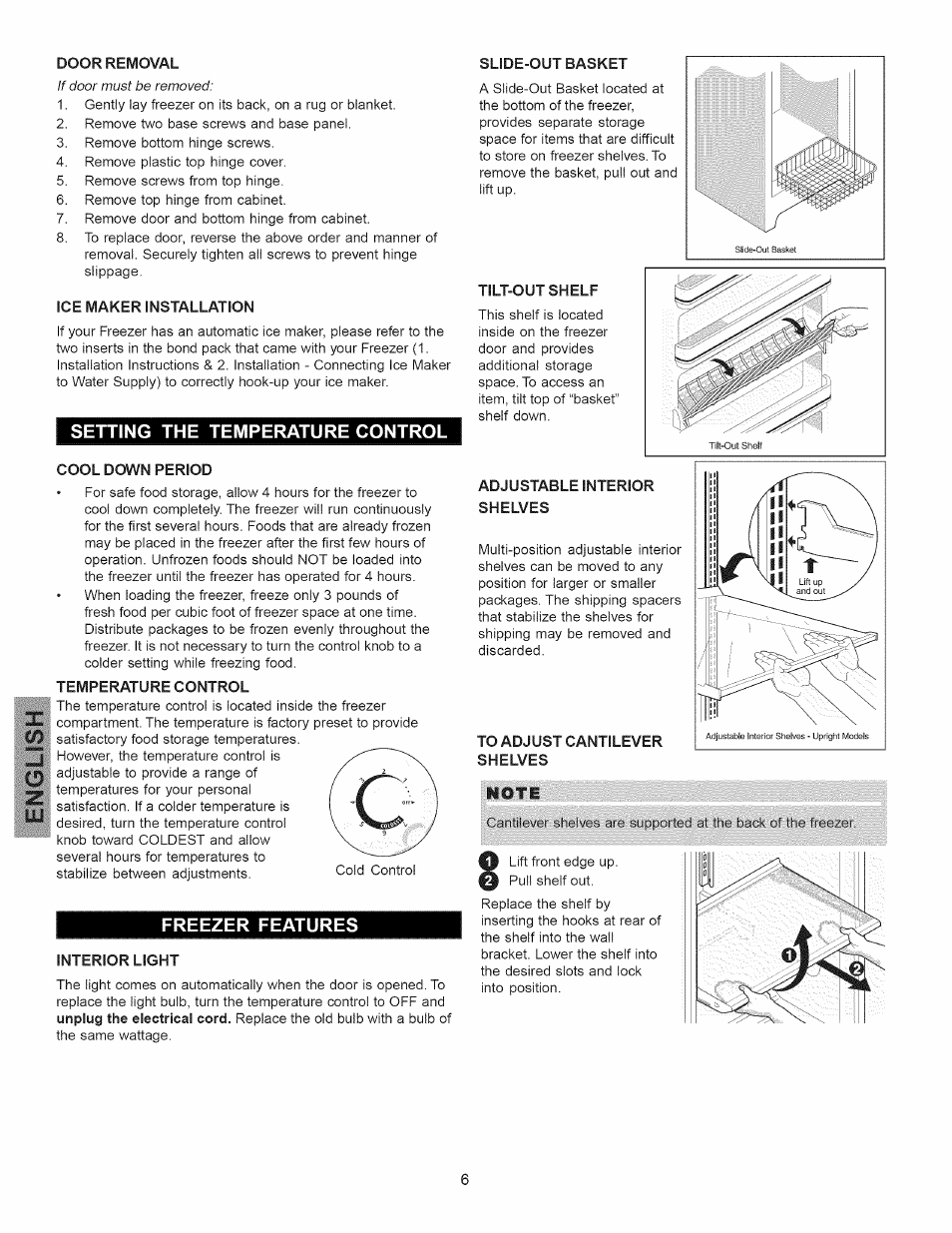 Setting the temperature control, Freezer features, Freezer features -7 | Kenmore 297310600 User Manual | Page 6 / 11