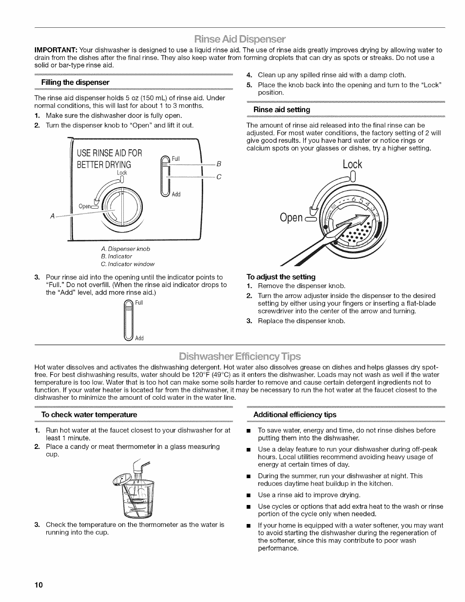 Filling the dispenser, Rinse aid setting, To adjust the setting | To check water temperature, Additional efficiency tips, Jispeinscjr, Lock | Kenmore ULTRA WASH 665.77925 User Manual | Page 10 / 56