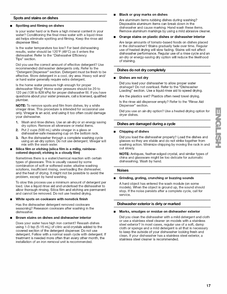 Spots and stains on dishes, Dishes do not dry completely, Dishes are damaged during a cycle | Noises, Dishwasher exterior is dirty or marked | Kenmore ULTRA WASH 665.77925 User Manual | Page 17 / 56