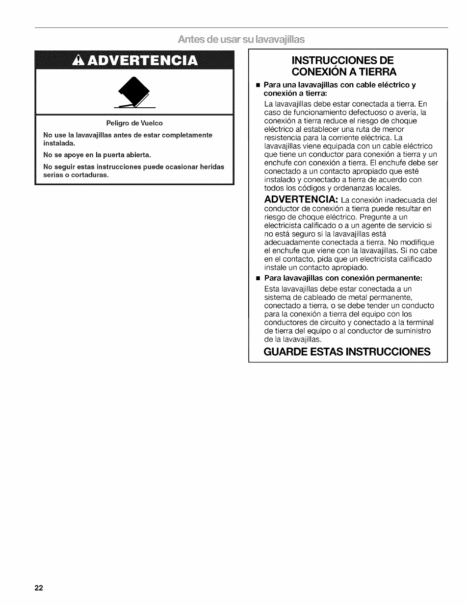 A advertencia, Instrucciones de conexión atierra, Guarde estas instrucciones | Kenmore ULTRA WASH 665.77925 User Manual | Page 22 / 56