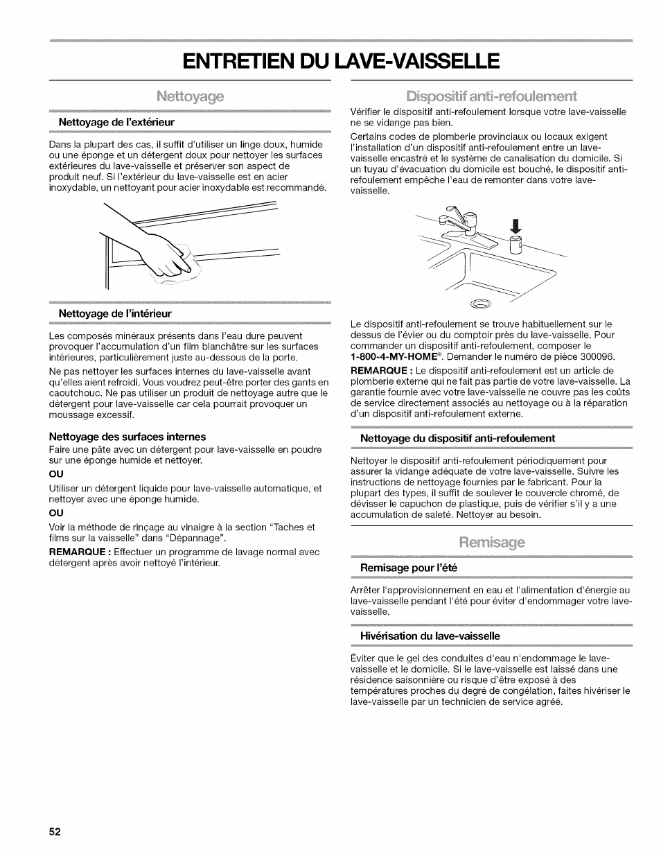 Entretien du lave-vaisselle, Nettoyage de l’extérieur, Nettoyage de l’intérieur | Nettoyage des surfaces internes, Nettoyage du dispositif anti-refoulement, Remisage pour l’été, Hivérisation du lave-vaisselle, Utilisation du lave-vaisselle | Kenmore ULTRA WASH 665.77925 User Manual | Page 52 / 56