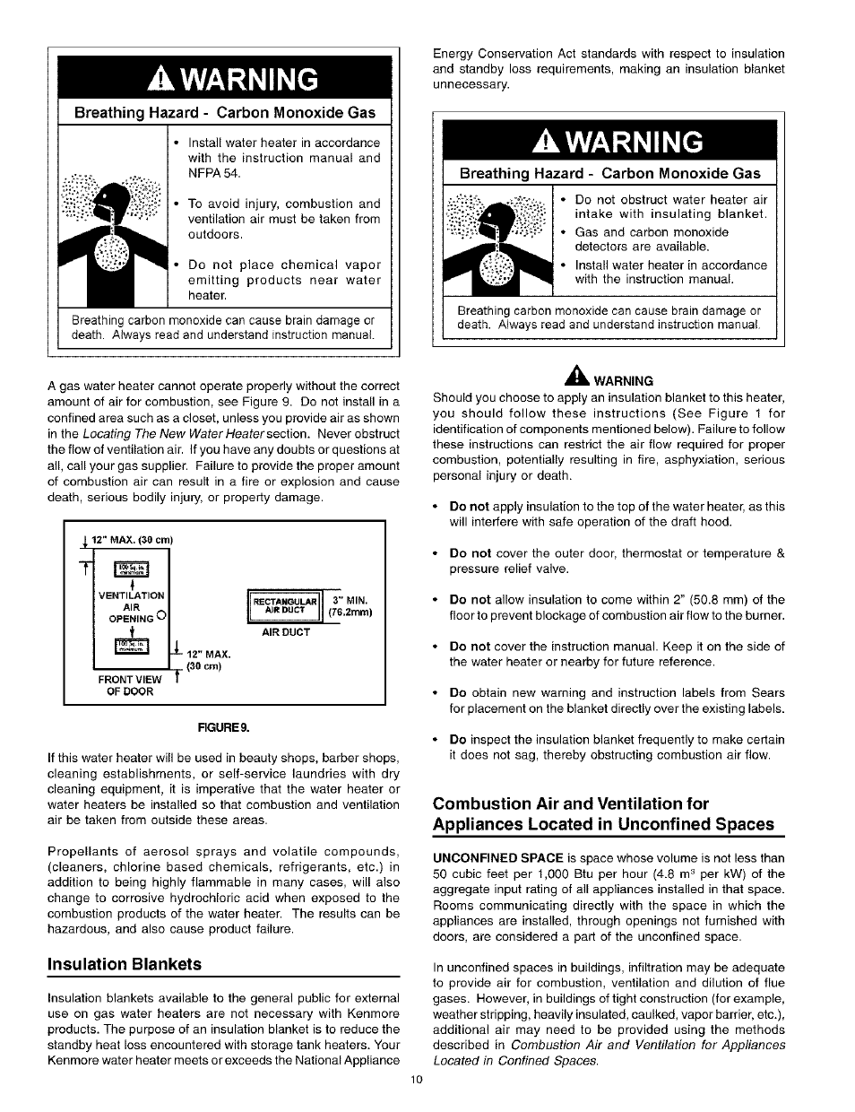 A warning, Breathing hazard - carbon monoxide gas, Insulation blankets | Insulation jackets, Warning | Kenmore Power Miser 12 153.331413 HA User Manual | Page 10 / 28