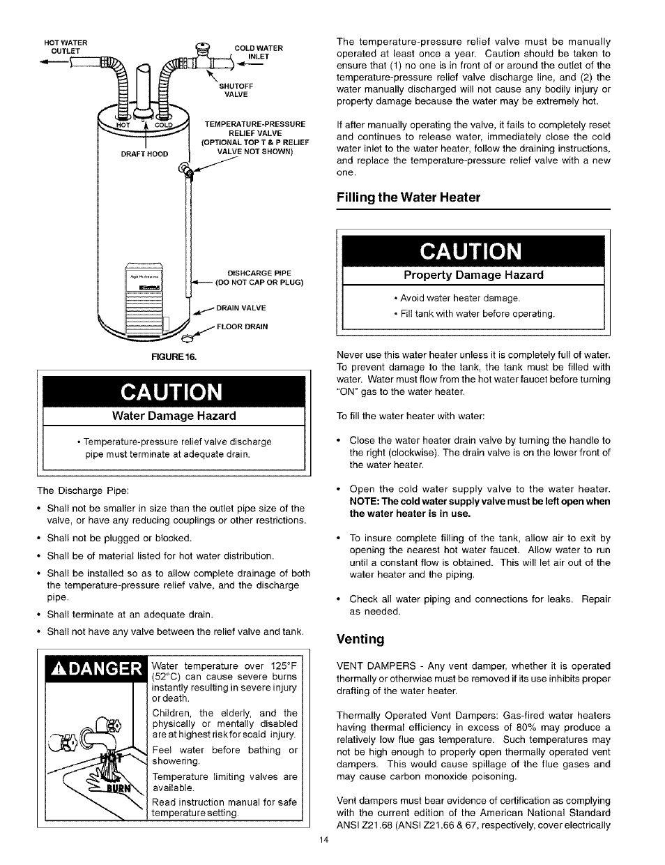 Filling the water heater, Venting, Venting -15 | Caution, Adanger | Kenmore Power Miser 12 153.331413 HA User Manual | Page 14 / 28