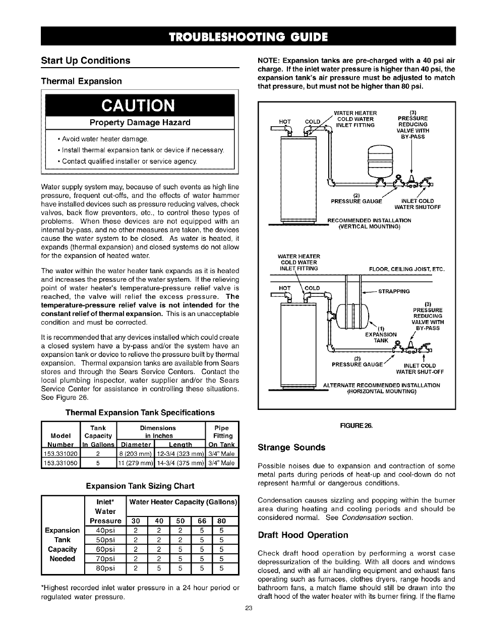Start up conditions, Thermal expansion, Caution | Property damage hazard, Thermal expansion tank specifications, Expansion tank sizing chart, Strange sounds, Draft hood operation, Start up conditions -24, Draft hood operation -24 | Kenmore Power Miser 12 153.331413 HA User Manual | Page 23 / 28