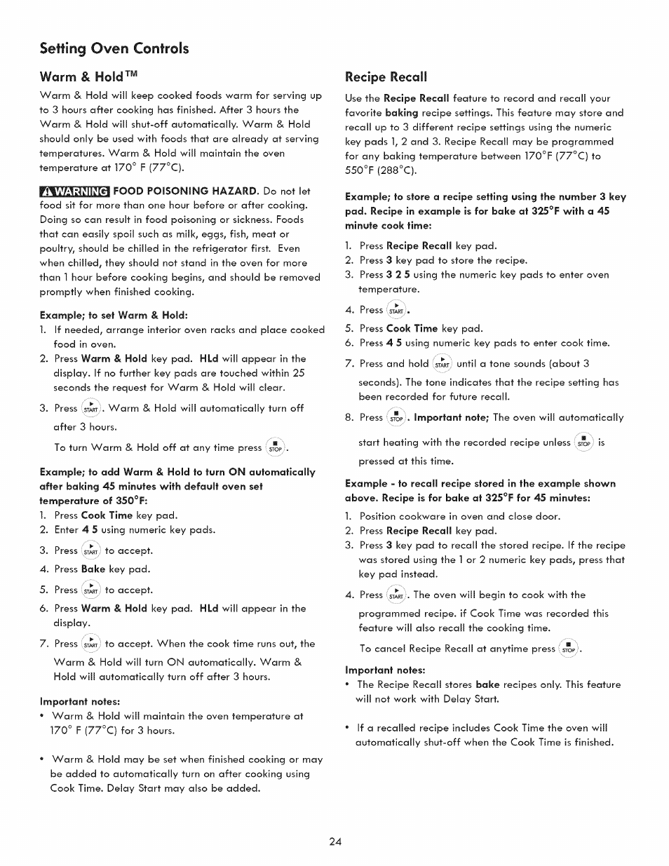 Warm & hold, Recipe recall, Recipe recall -25 | Setting oven controls | Kenmore 790.9280 User Manual | Page 24 / 40