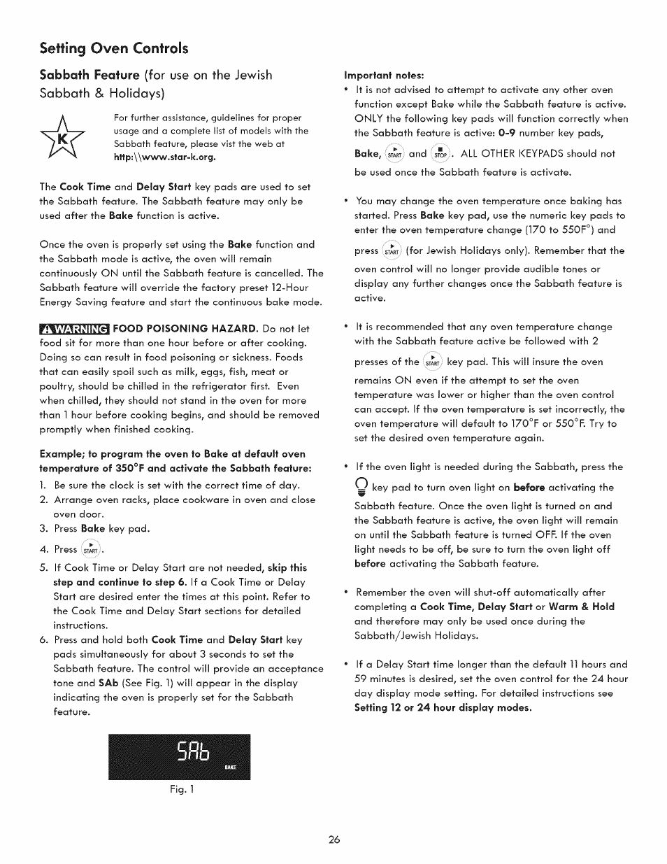 Sfib, Setting oven controls, Sabbath feature (for | Use on the jewish sabbath & holidays) | Kenmore 790.9280 User Manual | Page 26 / 40