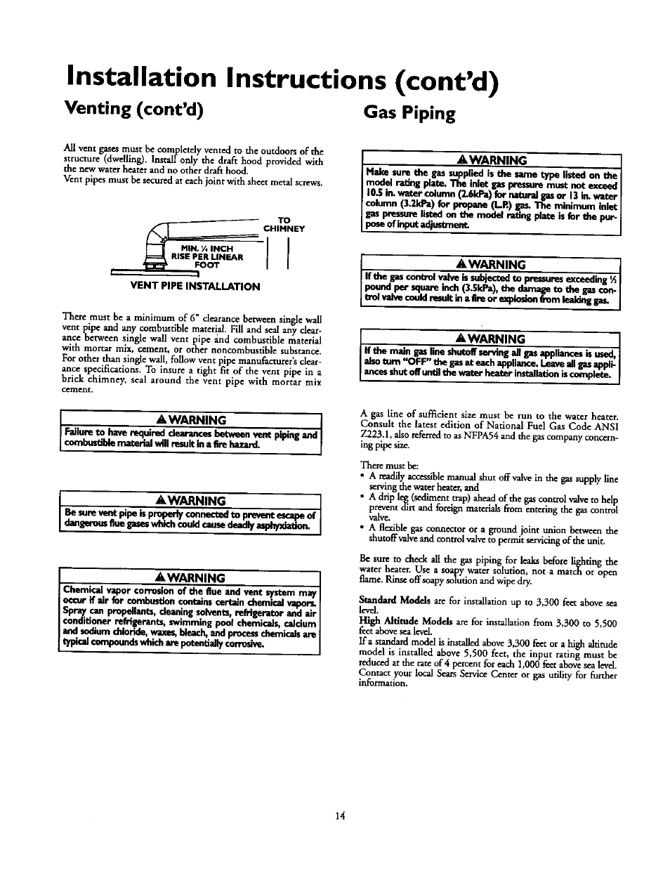 Installation instructions (cont’d), Venting (cont’d) gas piping, Awarning | Kenmore POWER MISER 153.336851 User Manual | Page 14 / 32