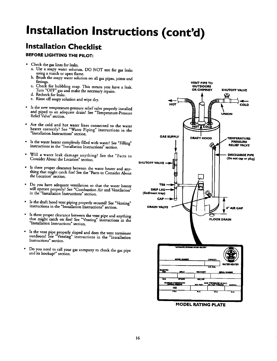 Installation instructions (cont’d), Installation checklist | Kenmore POWER MISER 153.336851 User Manual | Page 16 / 32