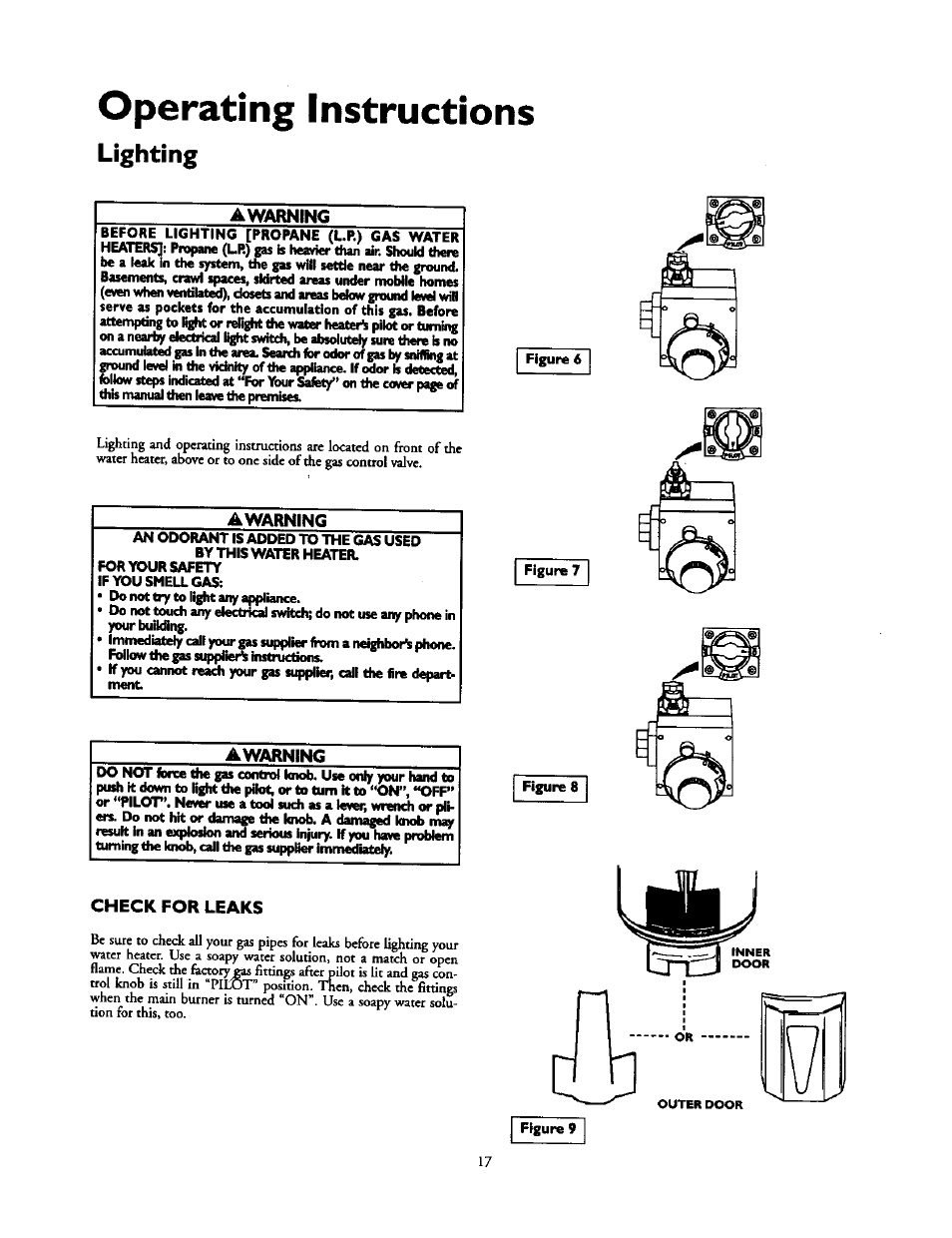 Operating instructions, Awarning, Check for leaks | Lighting | Kenmore POWER MISER 153.336851 User Manual | Page 17 / 32