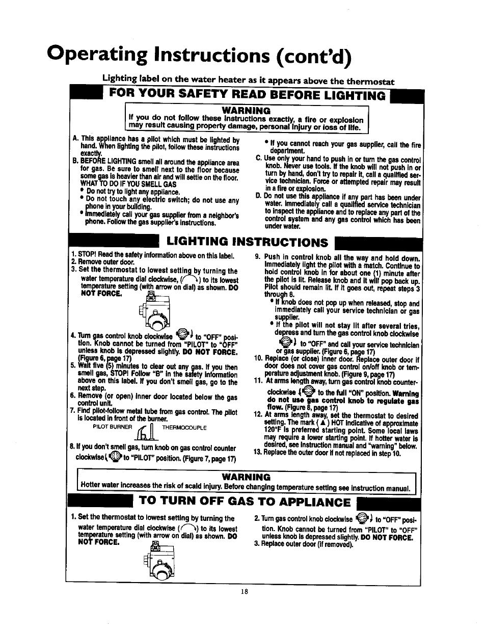 Warning, Operating instructions (cont’d), Fo^our safety read before lighting | Lighting instructions | Kenmore POWER MISER 153.336851 User Manual | Page 18 / 32
