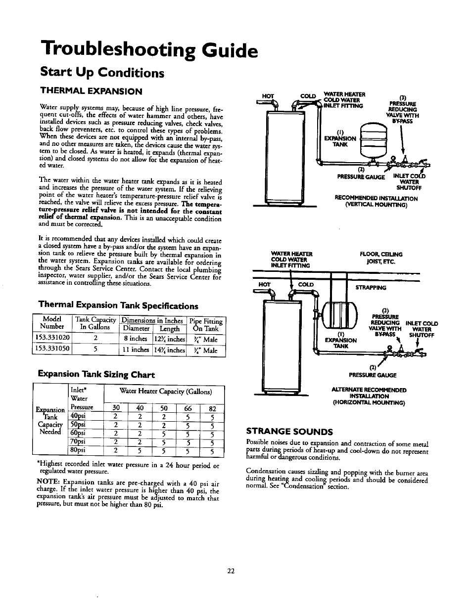 Troubleshooting guide, Start up conditions, Thermal expansion | Thermal expansion tank specifications, Expansion tank sizing chart, Strange sounds, Stan up conditions -23 | Kenmore POWER MISER 153.336851 User Manual | Page 22 / 32