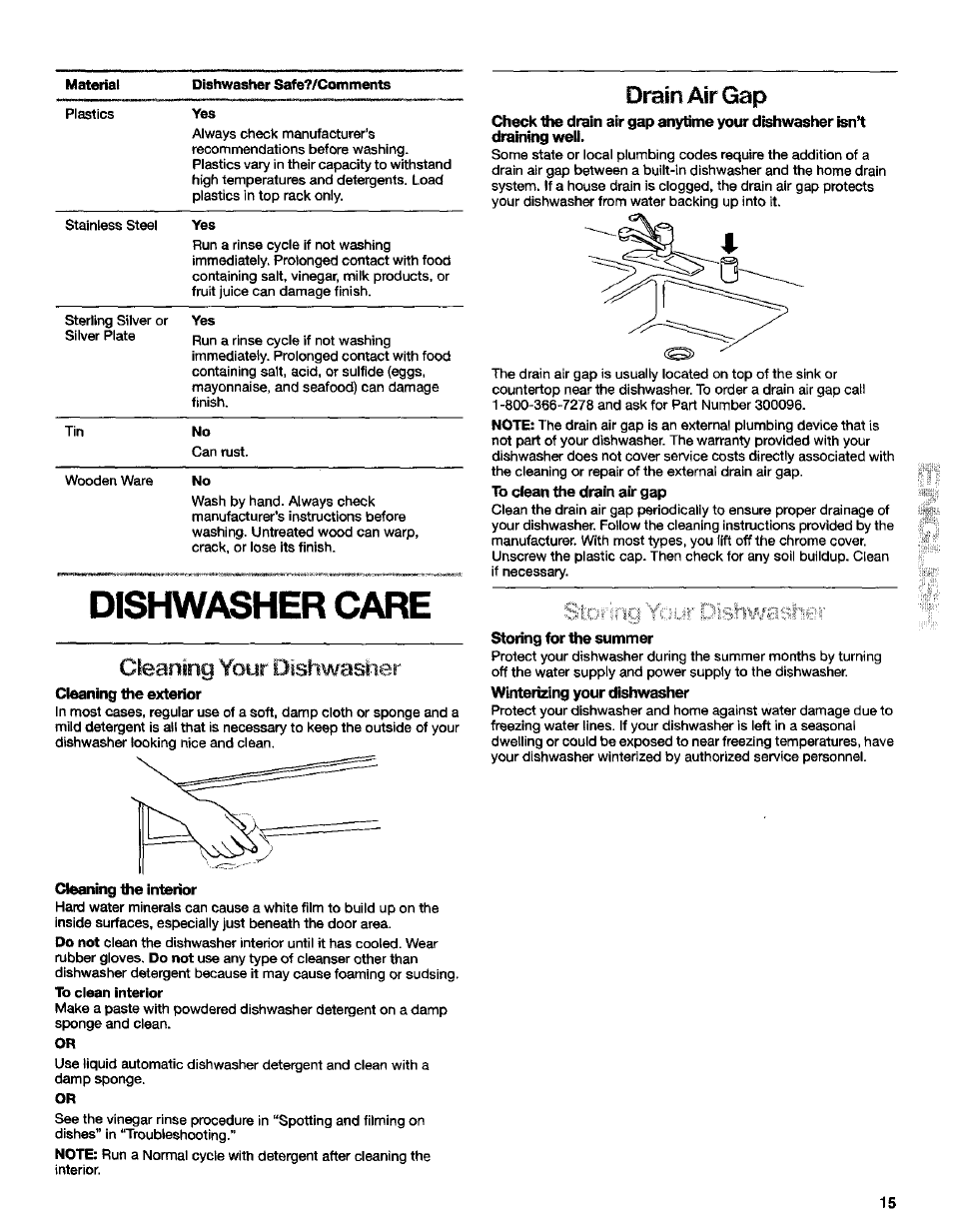 Drain air gap, Dishwasher care, Cleaning your dishwasher | Storng yciur dishwaslier | Kenmore Ultra Wash 3384413A User Manual | Page 15 / 18