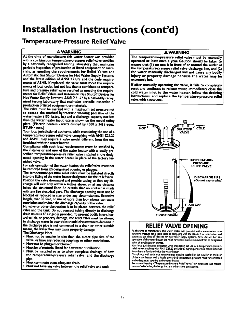 Installation instructions (cont’d), Awarning, Temperature-pressure relief valve | Relief valve opening | Kenmore 153.33439 User Manual | Page 12 / 26