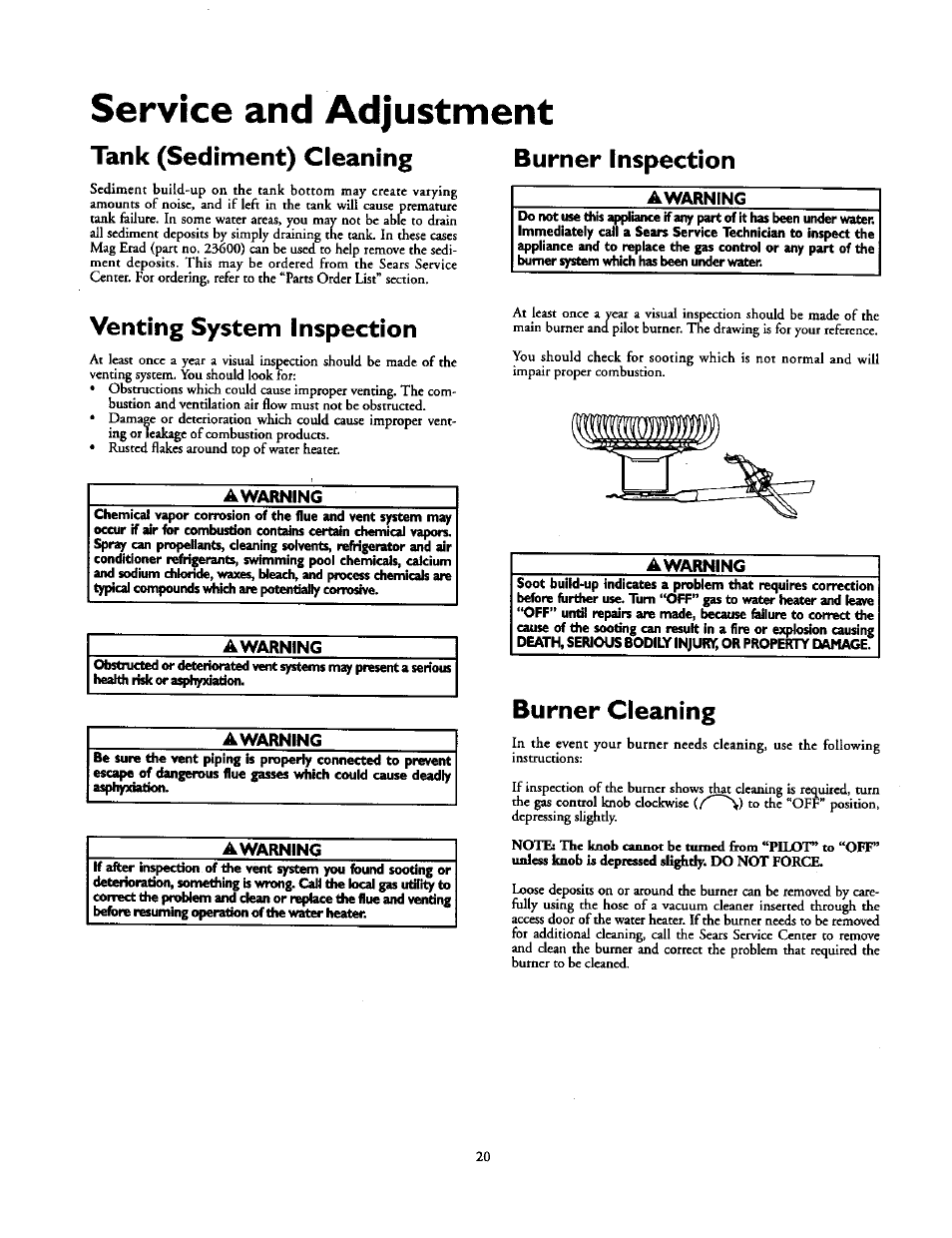 Service and adjustment, Warning, Tank (sediment) cleaning | Venting system inspection, Burner inspection, Burner cleaning | Kenmore 153.33439 User Manual | Page 20 / 26