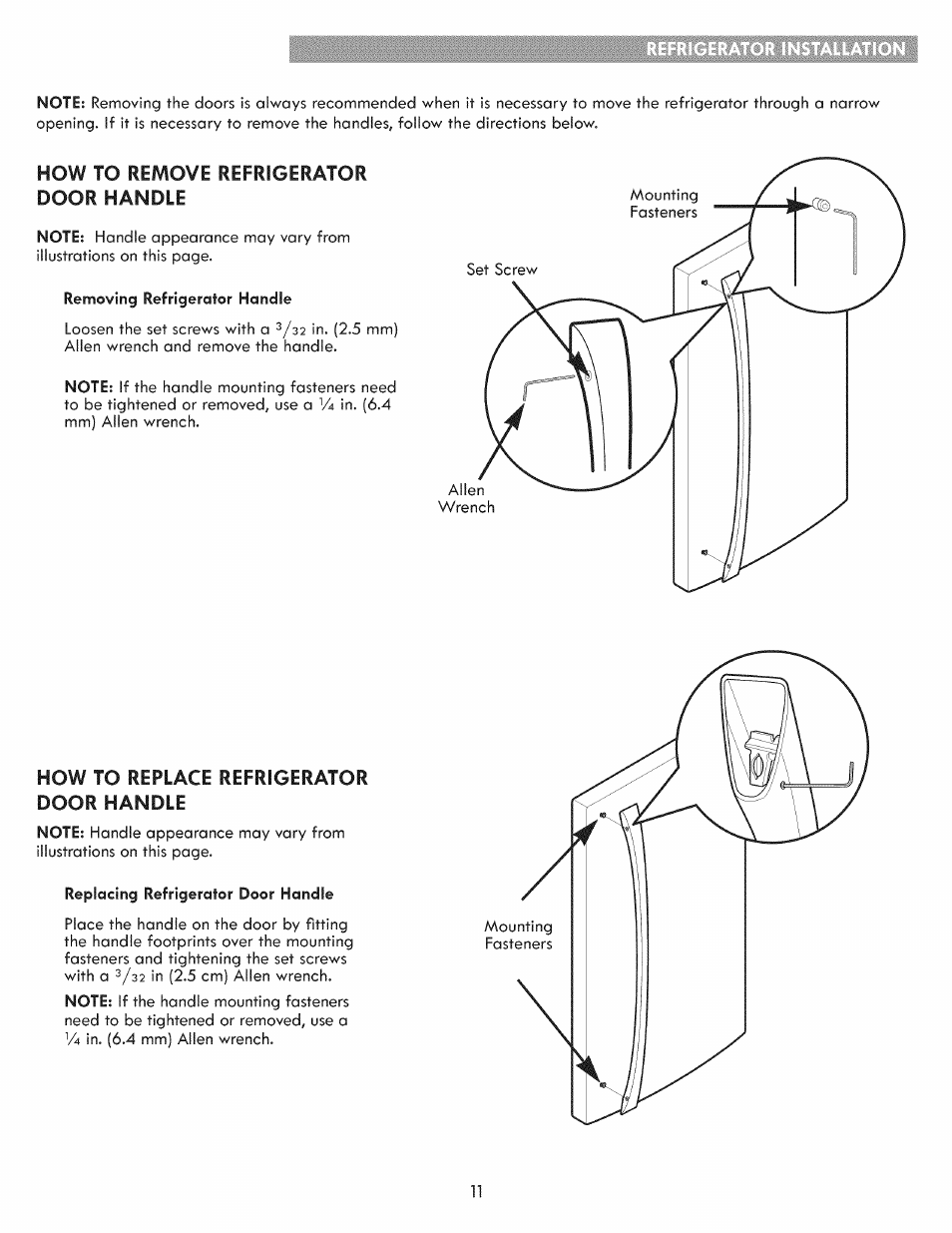 How to remove refrigerator door handle, How to replace refrigerator door handle | Kenmore ELITE 795.7103 User Manual | Page 11 / 44