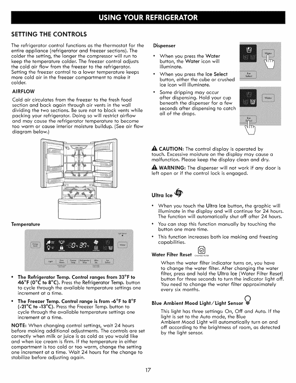 Using your refrigerator, Unpacking your refrigerator, Using your refrigerator setting the controls | Kenmore ELITE 795.7103 User Manual | Page 17 / 44