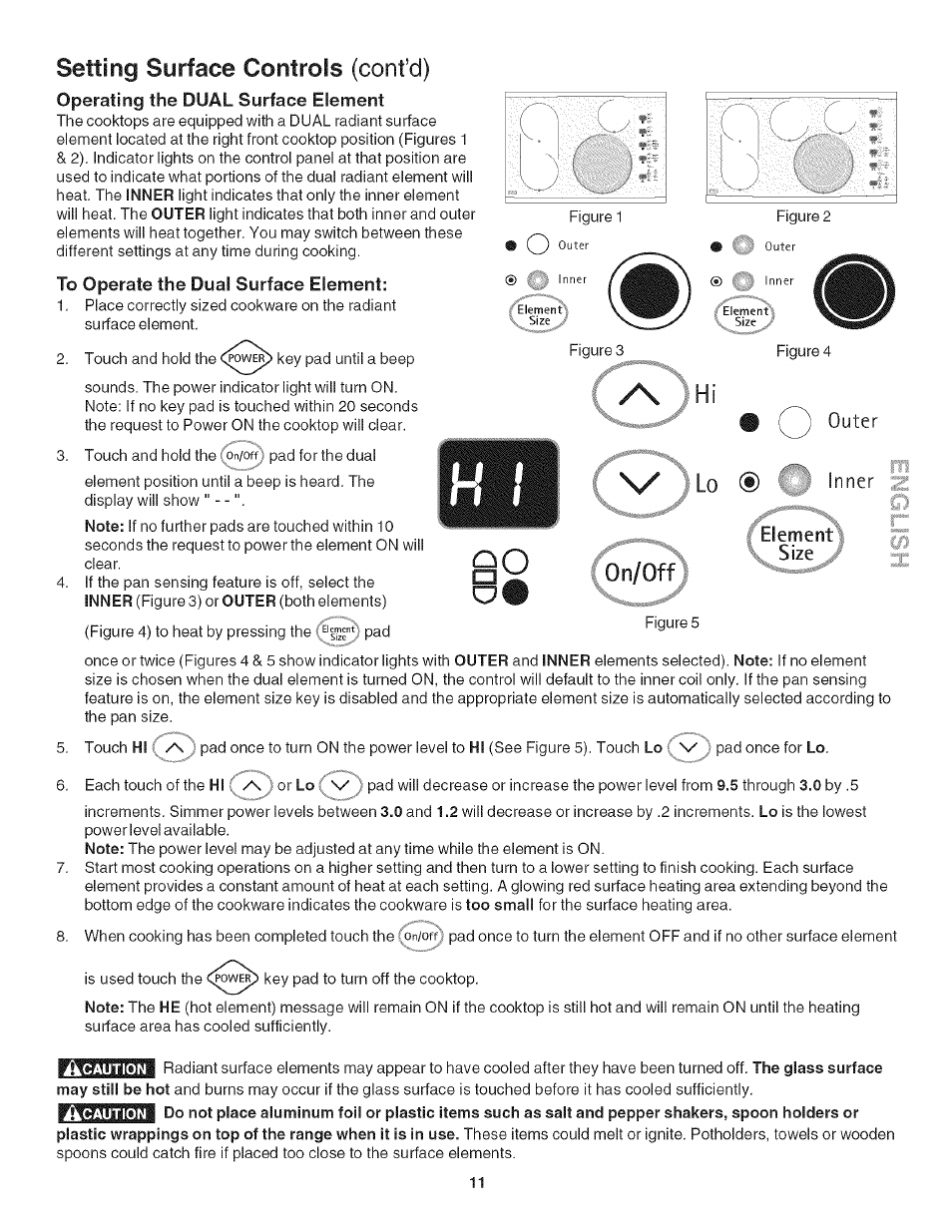 Operating the dual surface element, To operate the dual surface element, Lo (•) ' inner | Setting surface controls (confd), Outer lo (•) ' inner, Size | Kenmore 790.4282 User Manual | Page 11 / 18