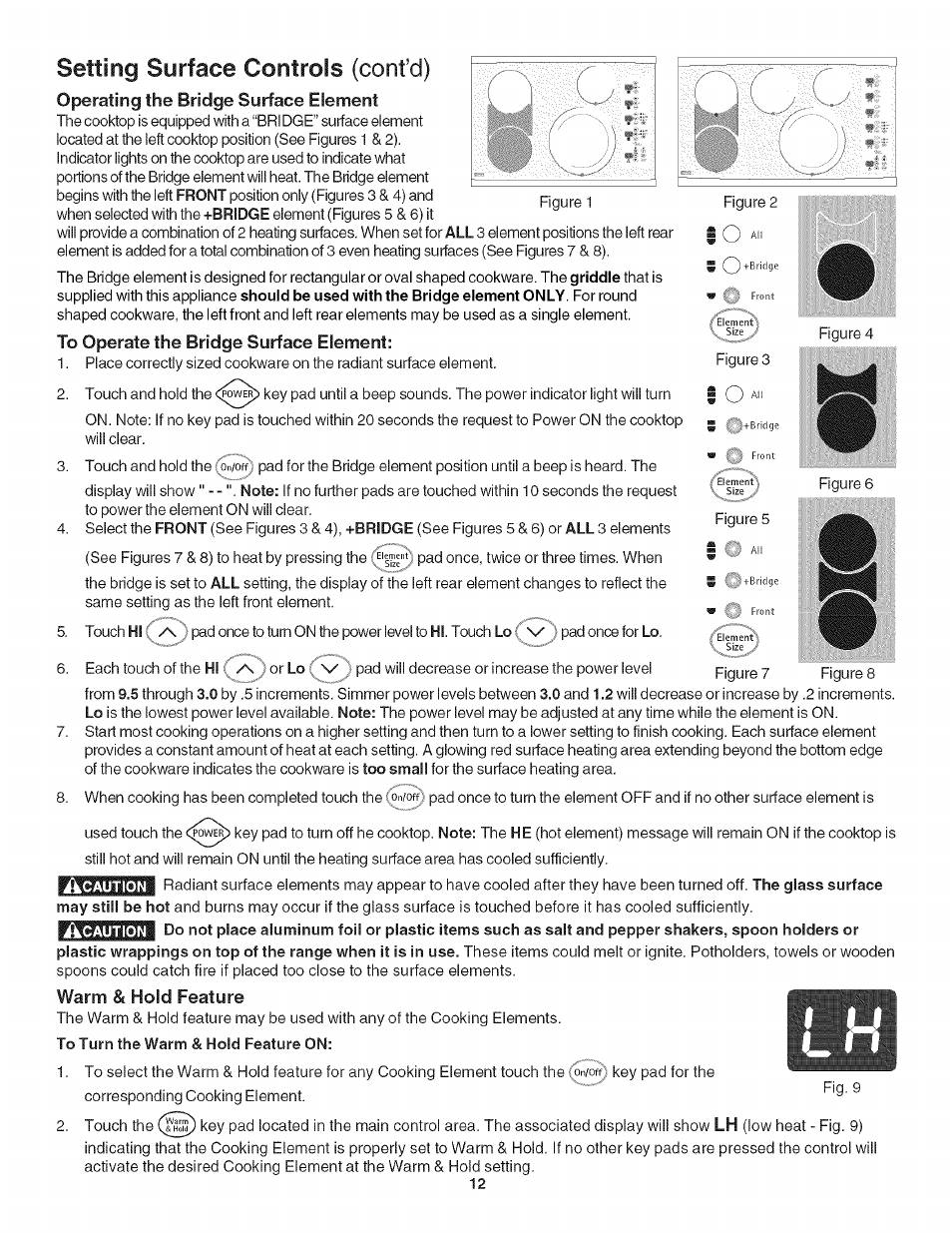 To operate the bridge surface element, Warm & hold feature, To turn the warm & hold feature on | Setting surface controls (confcl), Operating the bridge surface element | Kenmore 790.4282 User Manual | Page 12 / 18