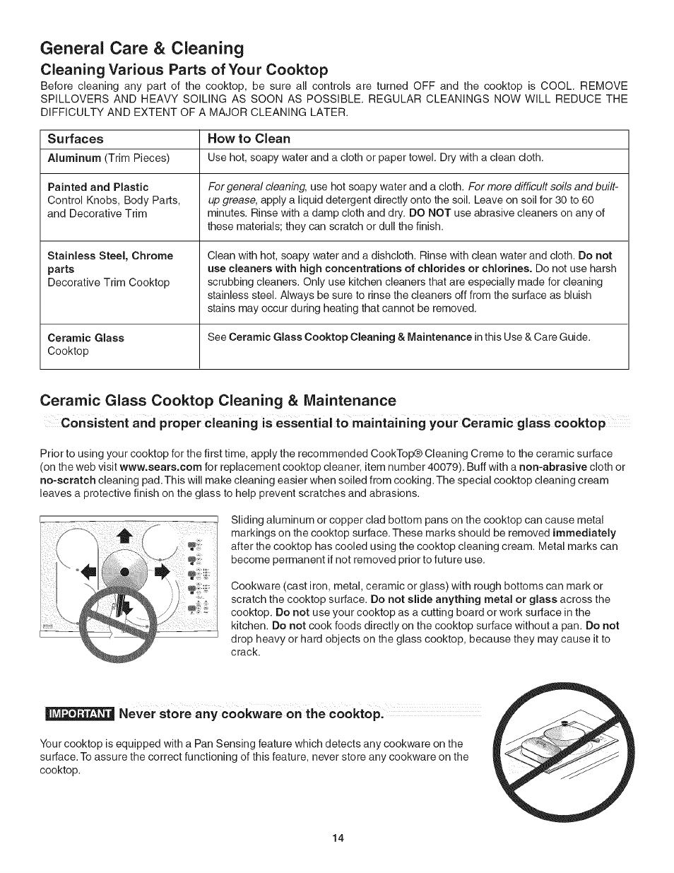 Ceramic glass cooktop cleaning & maintenance, Never store any cookware on the cooktop, General care & cleaning | Cleaning various parts of your cooktop | Kenmore 790.4282 User Manual | Page 14 / 18