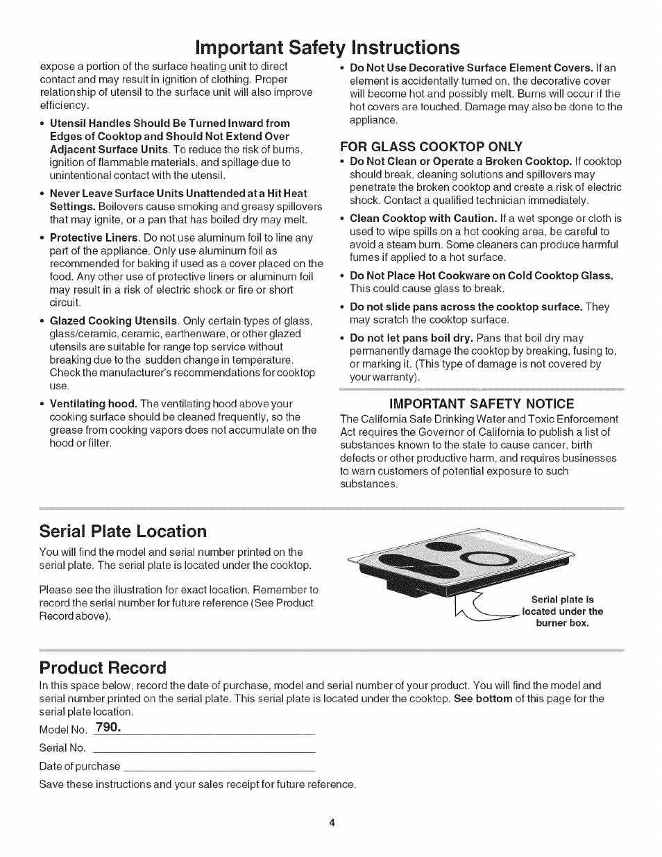 For glass cooktop only, Important safety notice, Serial plate location | Product record, Important safety instructions -4, Important safety instructions | Kenmore 790.4282 User Manual | Page 4 / 18