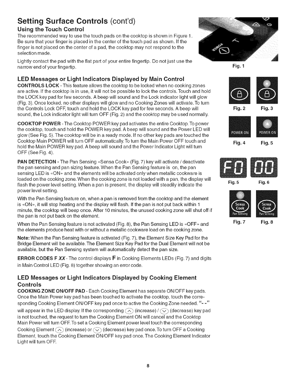 Using the touch control, Fig. 2 fig. 3, Fig. 7 fig. 8 | Setting surface controls (confd) | Kenmore 790.4282 User Manual | Page 8 / 18
