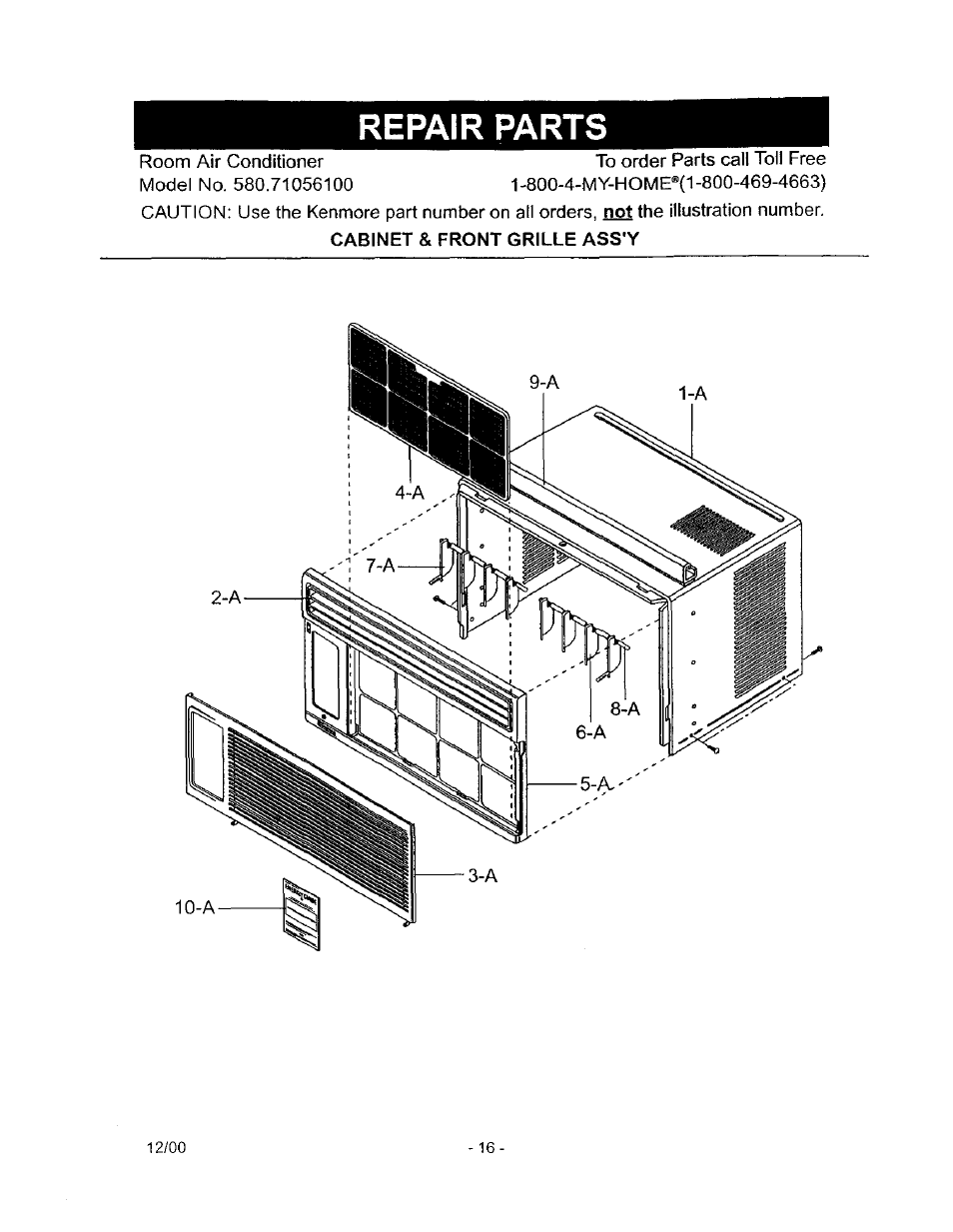 Repair parts, Cabinet & front grille ass'y | Kenmore 580.71056 User Manual | Page 16 / 25