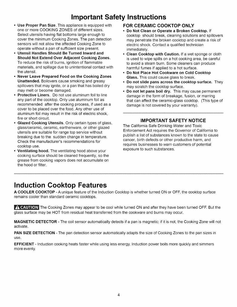 Important safety instructions, For ceramic cooktop only, Important safety notice | Induction cooktop features | Kenmore 790.4292 User Manual | Page 4 / 18