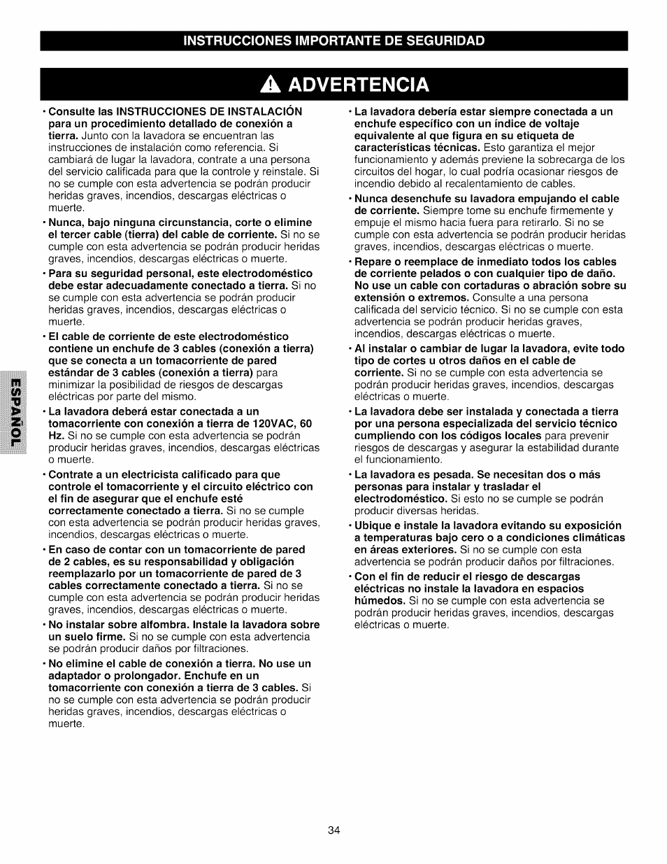Advertencia | Kenmore 796.4031#9## User Manual | Page 34 / 60
