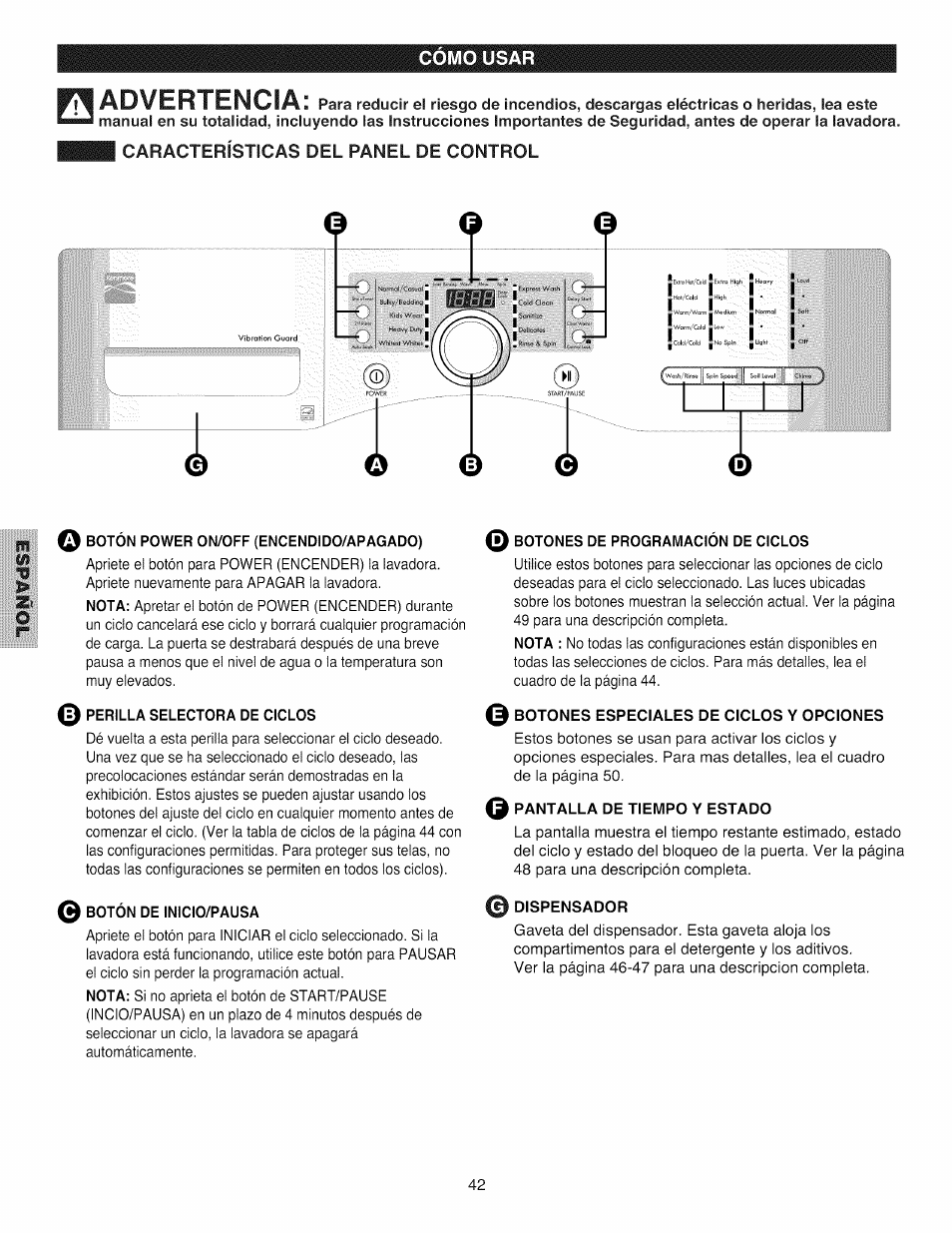 Características del panel de control, Boton power on/off (encendido/apagado), Q perilla selectora de ciclos | Botón de inicio/pausa, Botones de programación de ciclos, Botones especiales de ciclos y opciones, Pantalla de tiempo y estado, Dispensador, Advertencia | Kenmore 796.4031#9## User Manual | Page 42 / 60