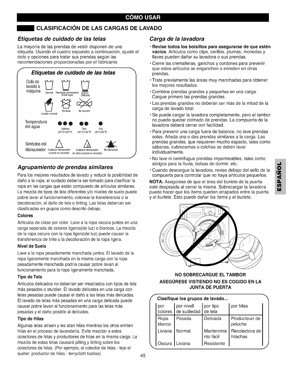 Clasificacion de las cargas de lavado, Colores, Clasificación de las cargas de lavado | Kenmore 796.4031#9## User Manual | Page 45 / 60