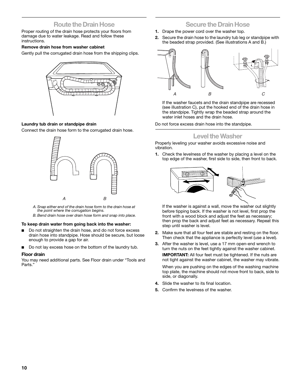 Route the drain hose, Secure the drain hose, Level the washer | Kenmore 110.4997 User Manual | Page 10 / 25