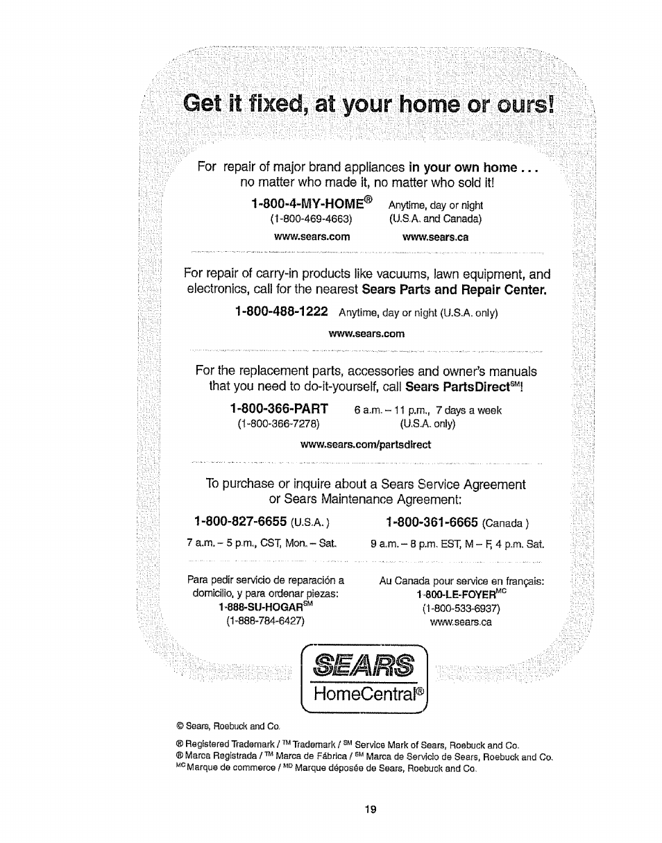Homecentrap, Get it fixed, at your home or ours | Kenmore 116.21513 User Manual | Page 19 / 19