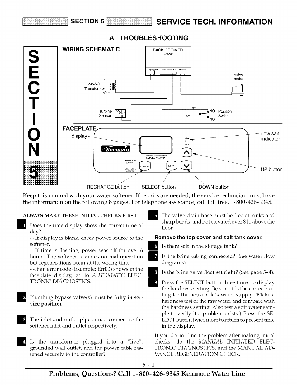 A. troubleshooting, Wiring schematic, Faceplat | Always make these initial checks first, Remove the top cover and salt tank cover, Sc t, Service tech. information | Kenmore ULTRASOFT 175  625.388170 User Manual | Page 20 / 32