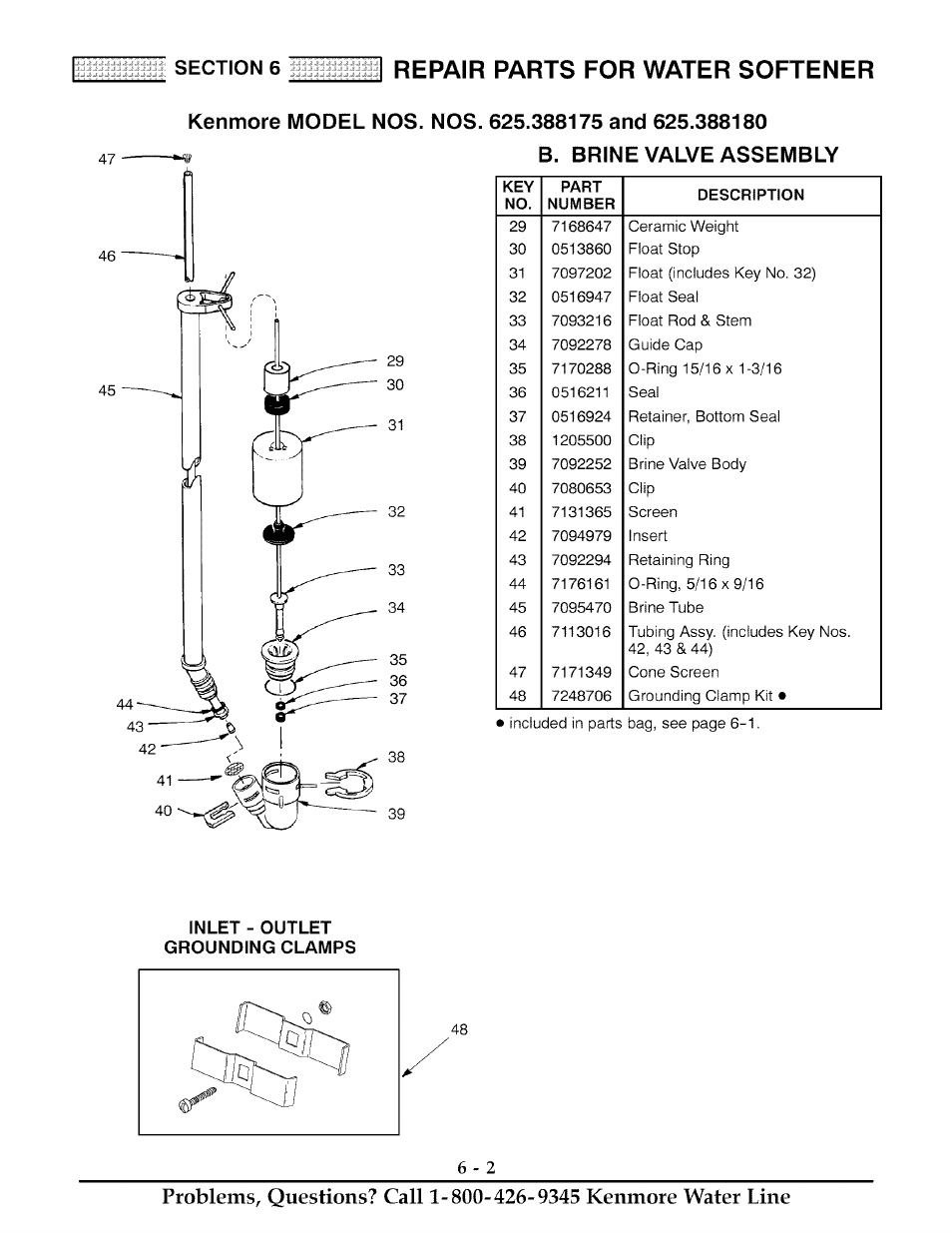 Inlet - outlet grounding clamps, 6repair parts for water softener | Kenmore ULTRASOFT 175  625.388170 User Manual | Page 29 / 32