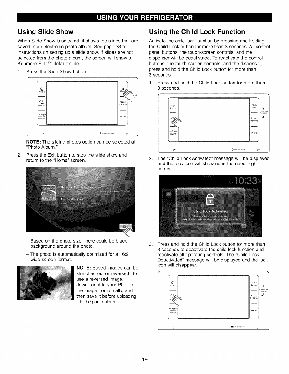 Using slide show, Using the child lock function, Using your refrigerator | Kenmore 41003 User Manual | Page 19 / 50
