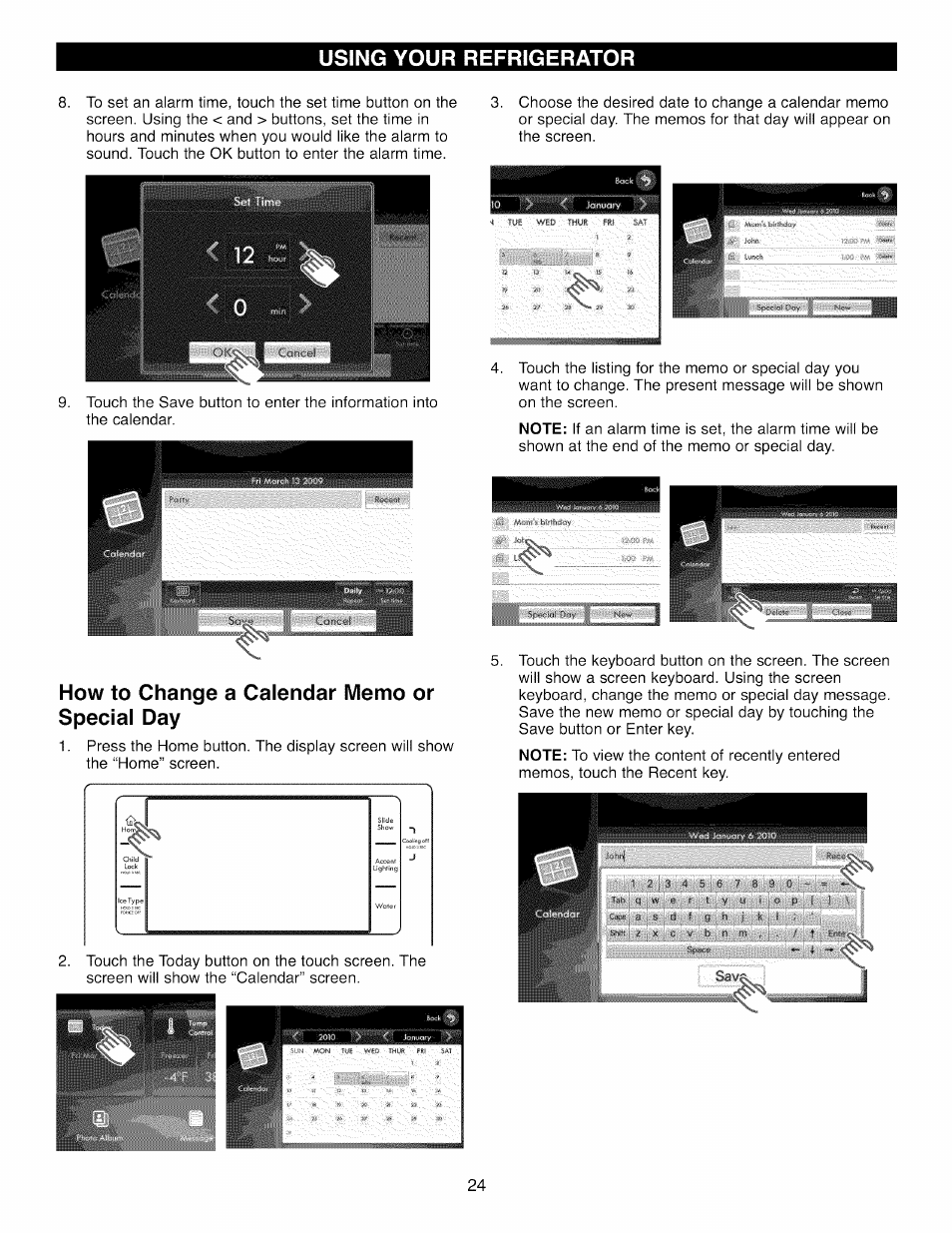 How to change a calendar memo or special day, Using your refrigerator | Kenmore 41003 User Manual | Page 24 / 50