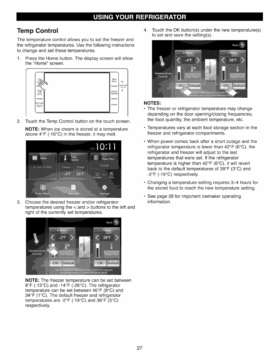 Temp control, Notes, Using your refrigerator | Kenmore 41003 User Manual | Page 27 / 50