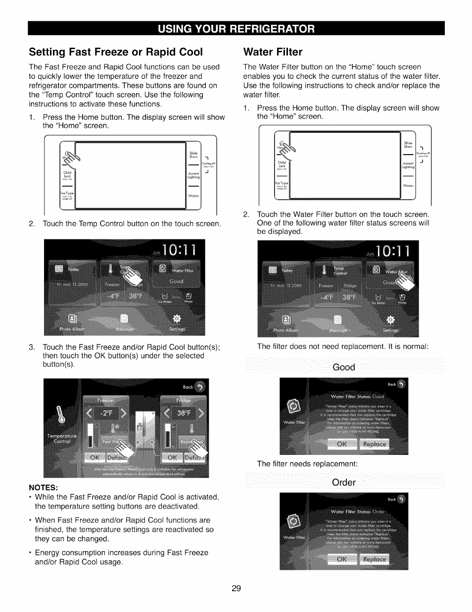 Setting fast freeze or rapid cooi, Notes, Water filter | Using your refrigerator, I u. i, Good, Order | Kenmore 41003 User Manual | Page 29 / 50