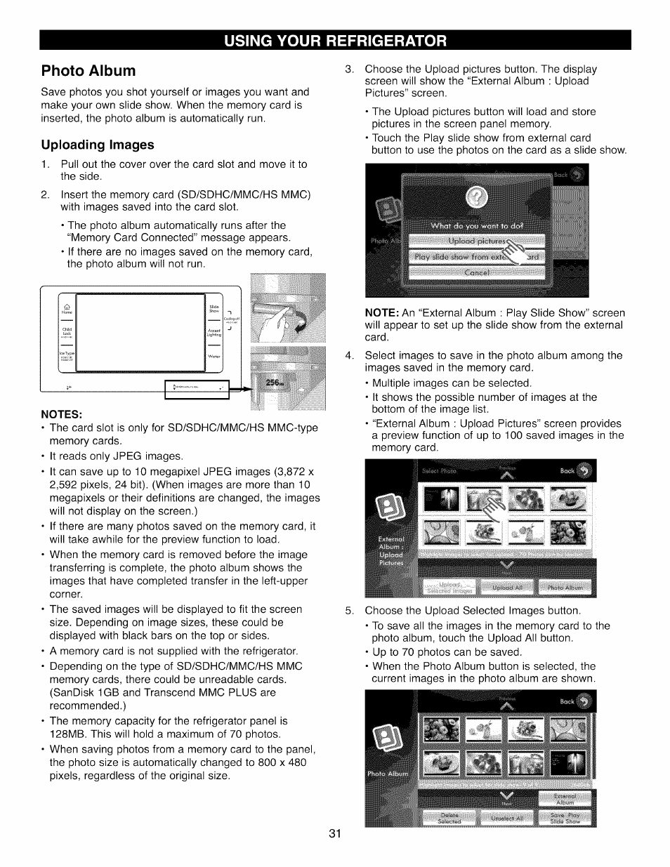 Photo album, Uploading images, Notes | Using your refrigerator | Kenmore 41003 User Manual | Page 31 / 50
