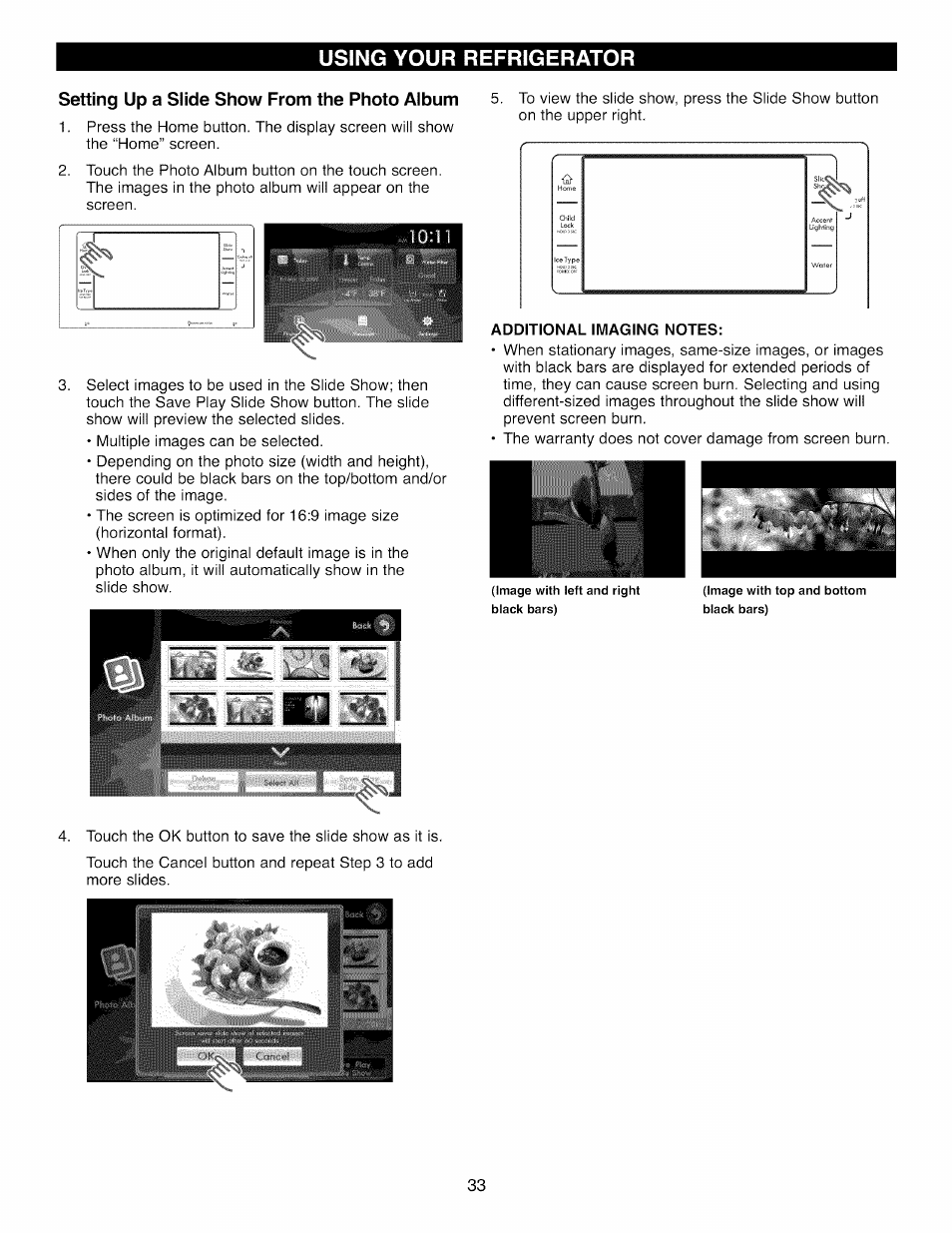 Setting up a slide show from the photo album, Additional imaging notes, Using your refrigerator | Kenmore 41003 User Manual | Page 33 / 50