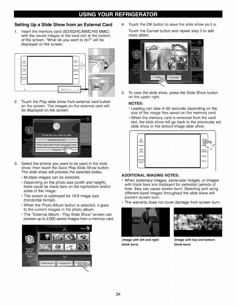Setting up a slide show from an external card, Notes, Additional imaging notes | Using your refrigerator | Kenmore 41003 User Manual | Page 34 / 50