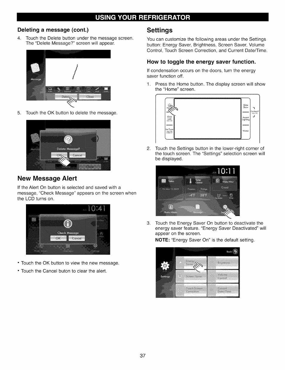 Deleting a message (cent.), New message alert, Settings | How to toggle the energy saver function | Kenmore 41003 User Manual | Page 37 / 50